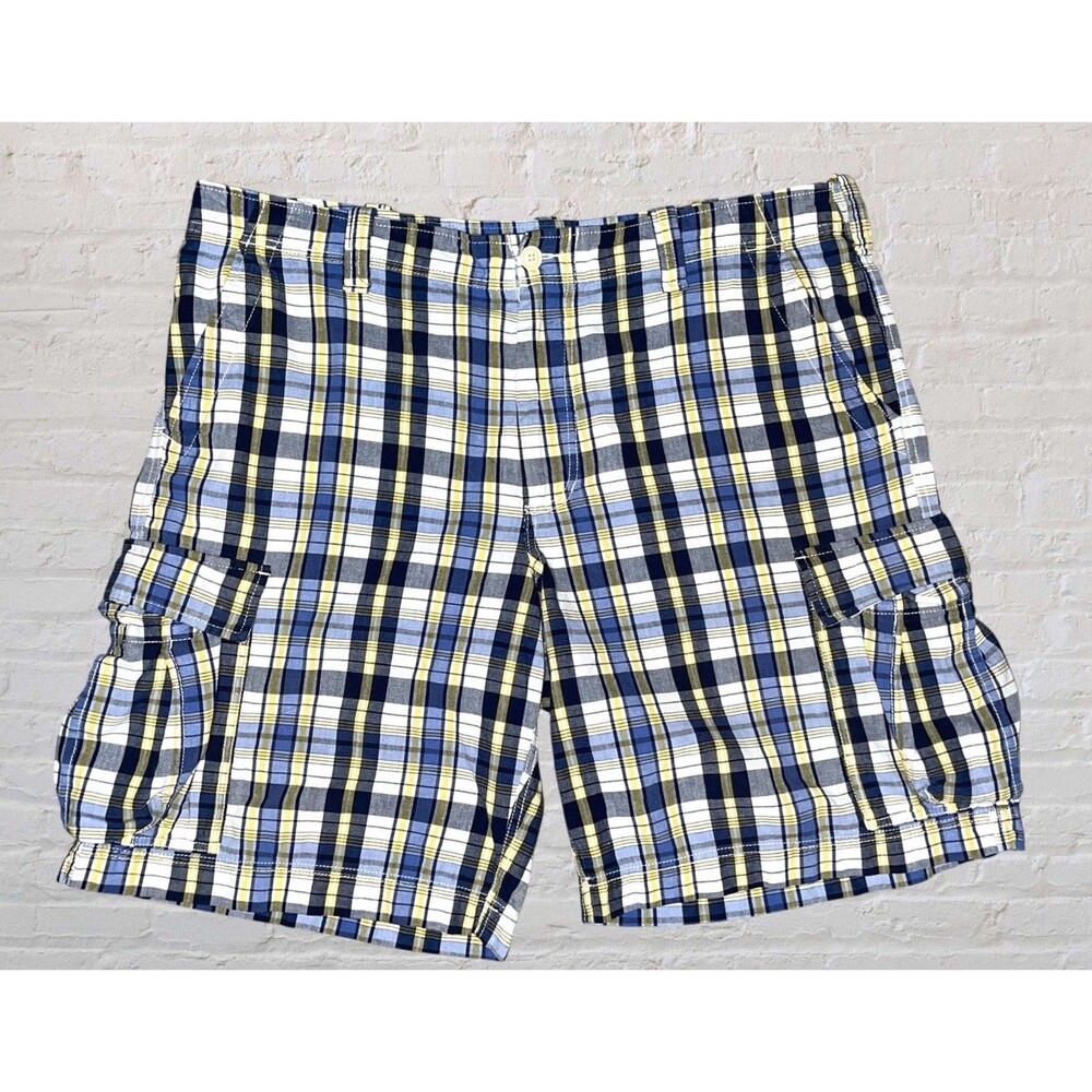 Vtg 90s Polo Jeans Co Plaid Cargo Shorts Mens 42 Blue Yellow Ralph Lauren